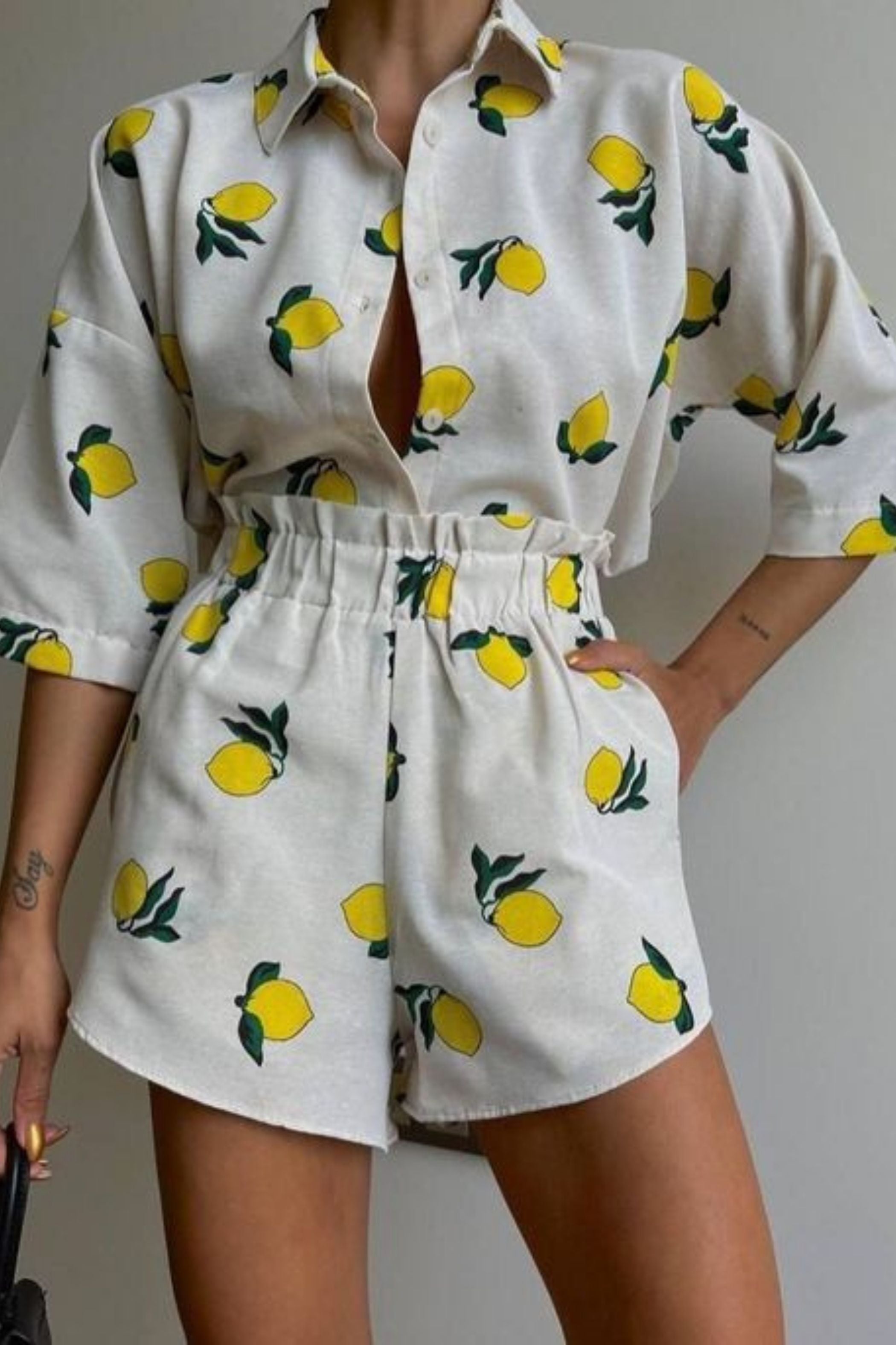 LEMON SHIRT AND HIGH WAISTED SHORTS